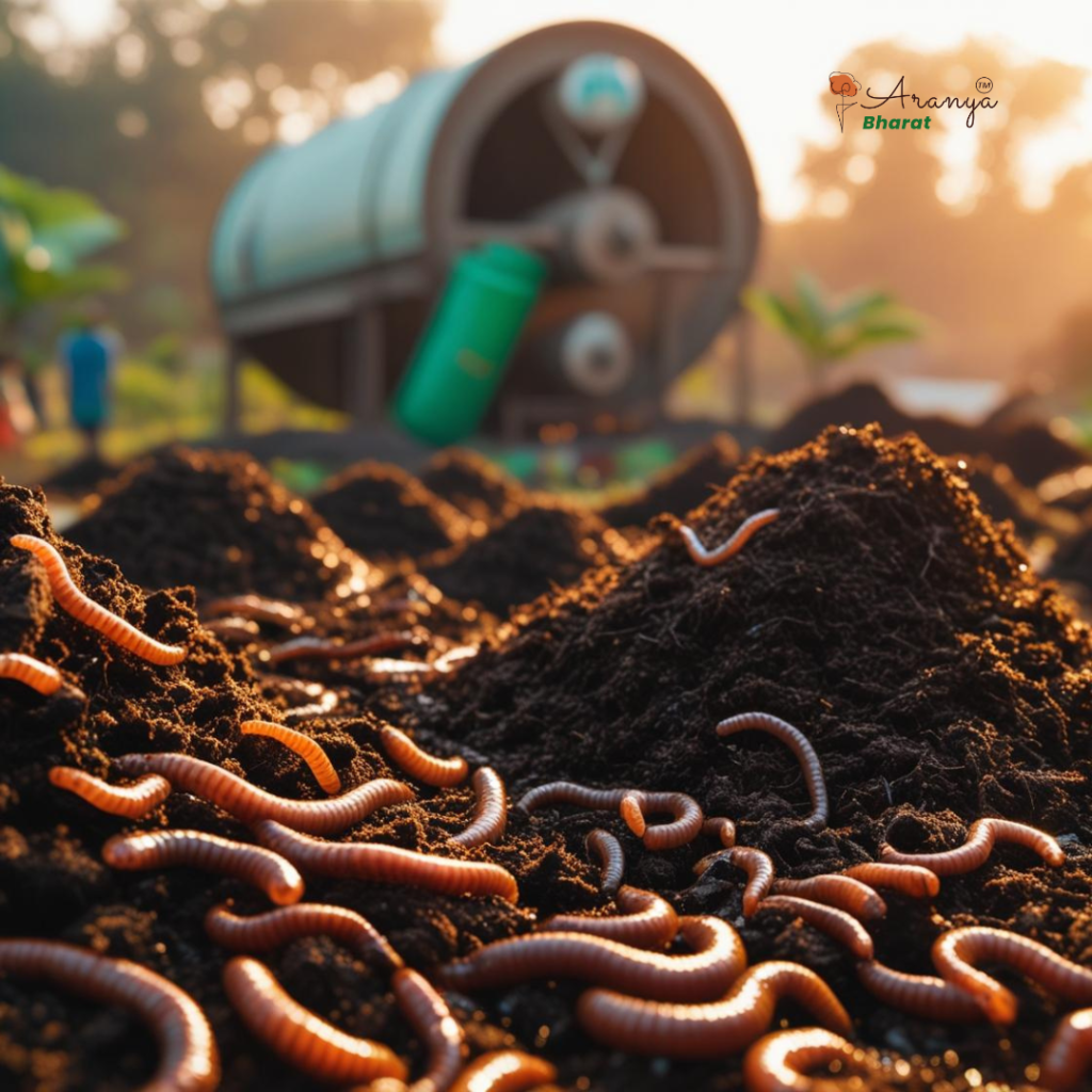 Vermicompost beds and biogas digester at Aranya Bharat Gaushala regenerating soil.